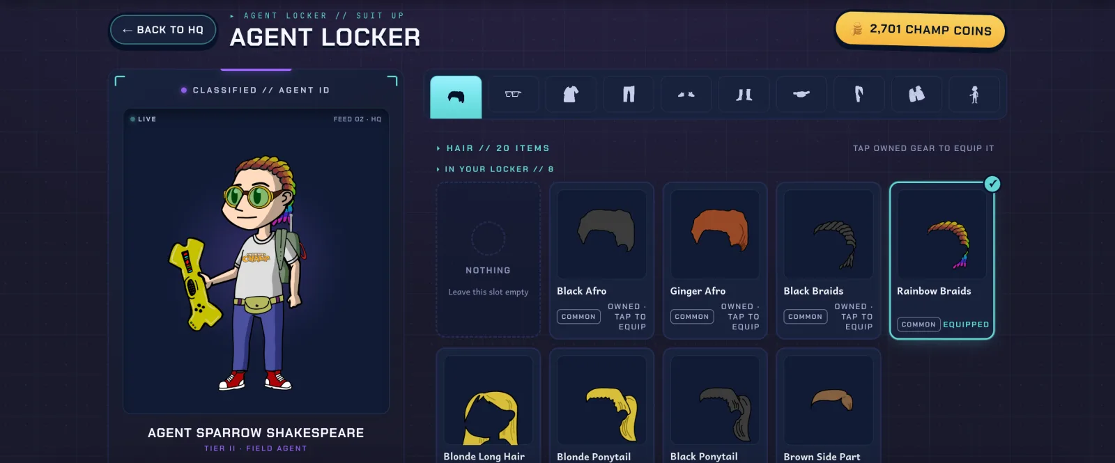 The Agent Locker - hair, glasses, tops, trousers, shoes, backpacks and gadgets bought with Champ Coins