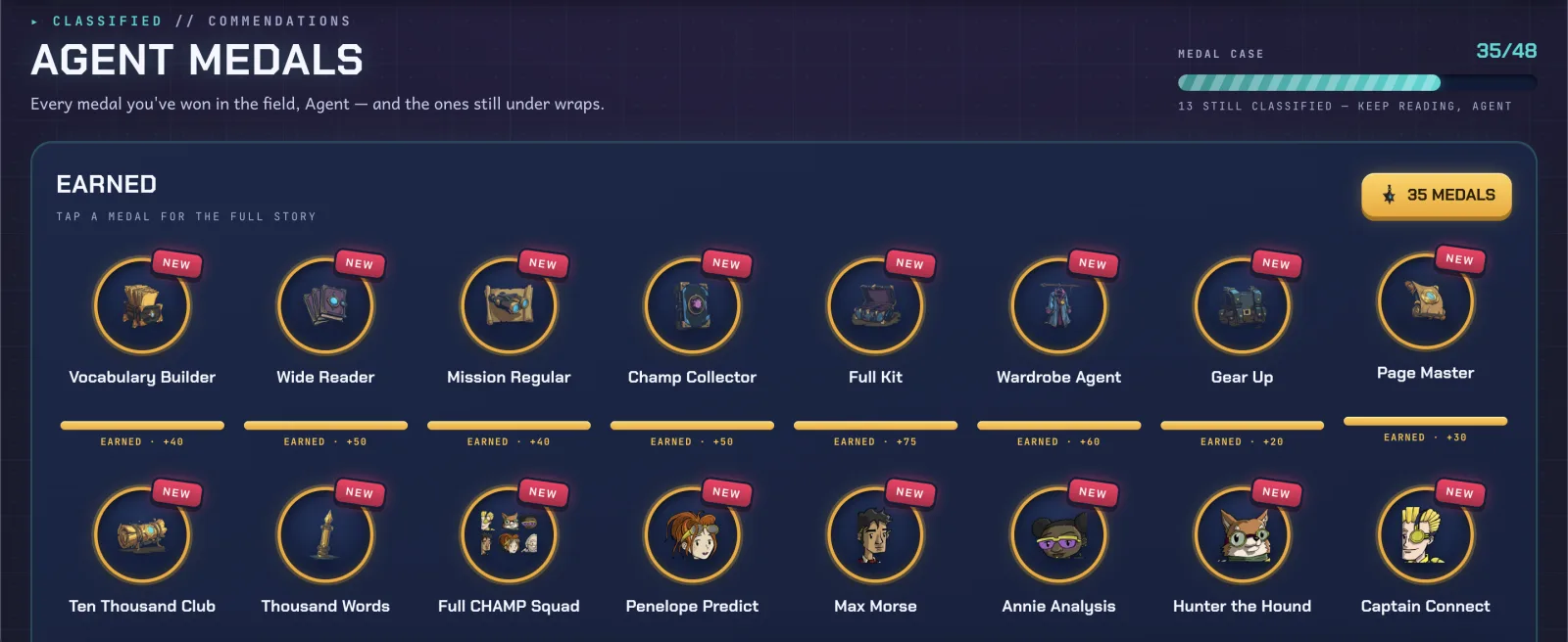 The Agent Medals case - commendations earned for reading milestones, with the rest still classified