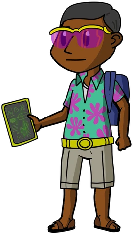 The same agent off duty: floral shirt, shorts, sandals, tinted sunglasses and a field tablet