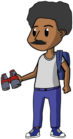 The same agent on a stakeout: afro, disguise moustache, blue backpack and spy binoculars