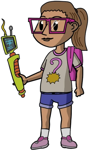 The same agent as a lab tech: ponytail, pink glasses, a question-mark T-shirt and a signal scanner