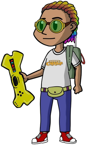 The agent dressed for a field day: rainbow braids, round green goggles, red high-tops and a bone-shaped scanner