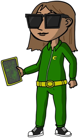 The same agent in a green tracksuit with black spy sunglasses holding a field tablet