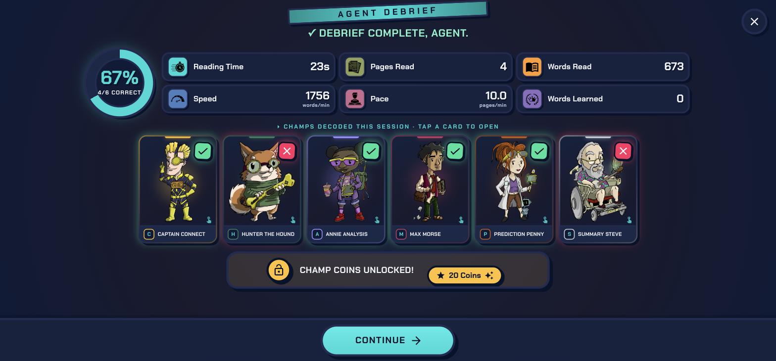 The Agent Debrief summary - a score ring, reading stats, one card per CHAMP skill marked right or wrong, and Champ Coins unlocked
