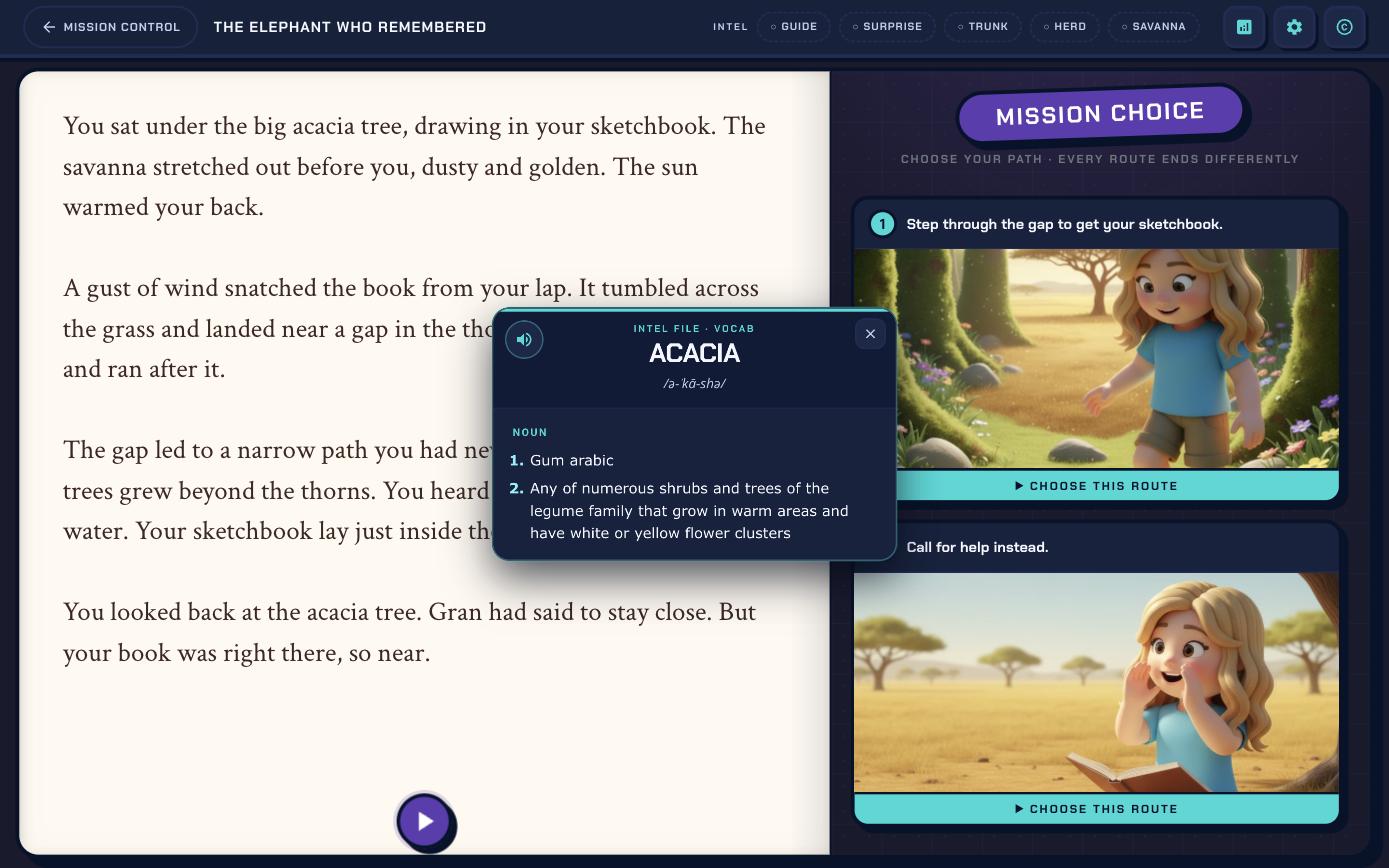 A longer read in the reader - the tap-any-word dictionary open on a story page