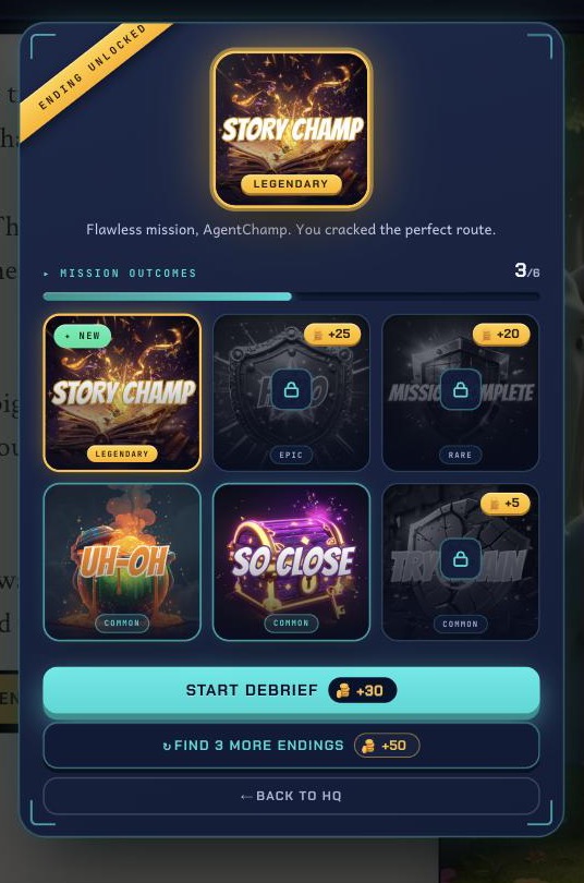 An ending unlocked on a phone - the legendary AgentChamp card banking its Champ Coins