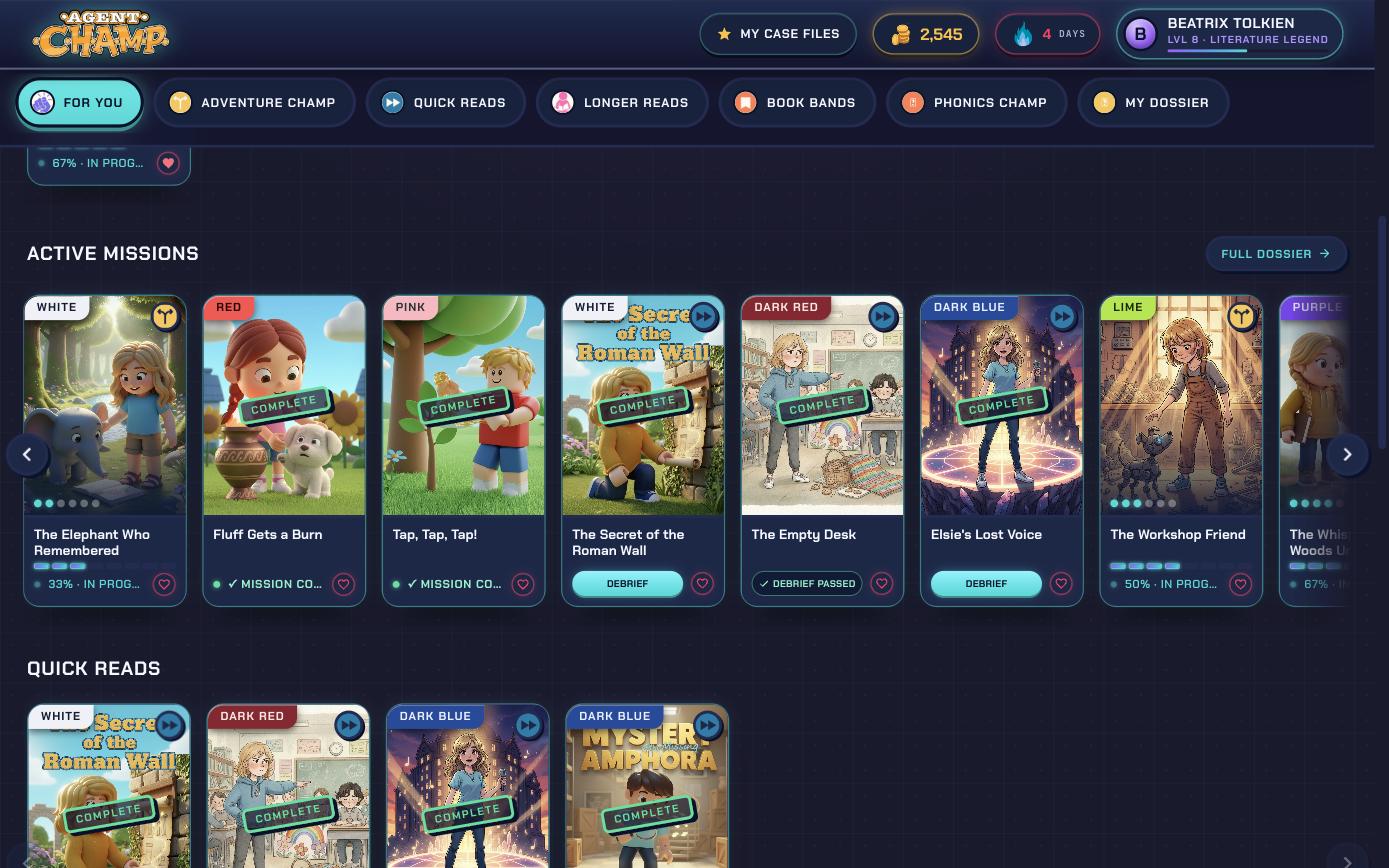 The Adventure Champ rail of branching mission dossiers