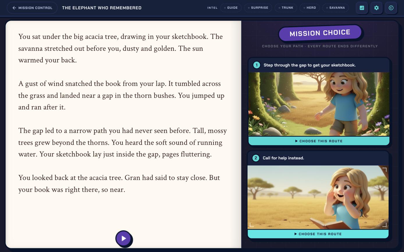 Reading a mission on a tablet - the story page beside its Mission Choice routes