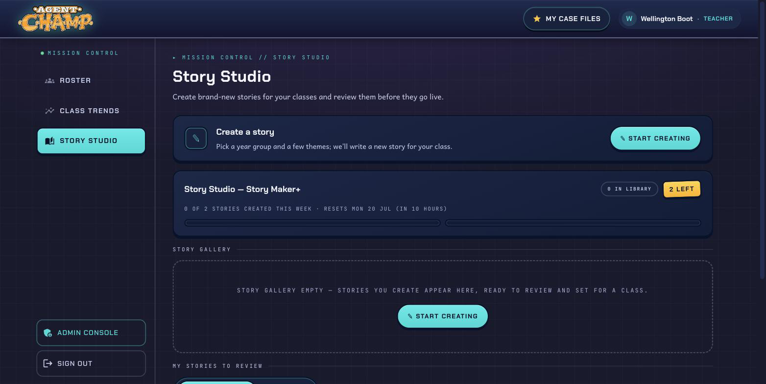 Story Studio: pick a year group, genre, voice and themes to generate a branching story